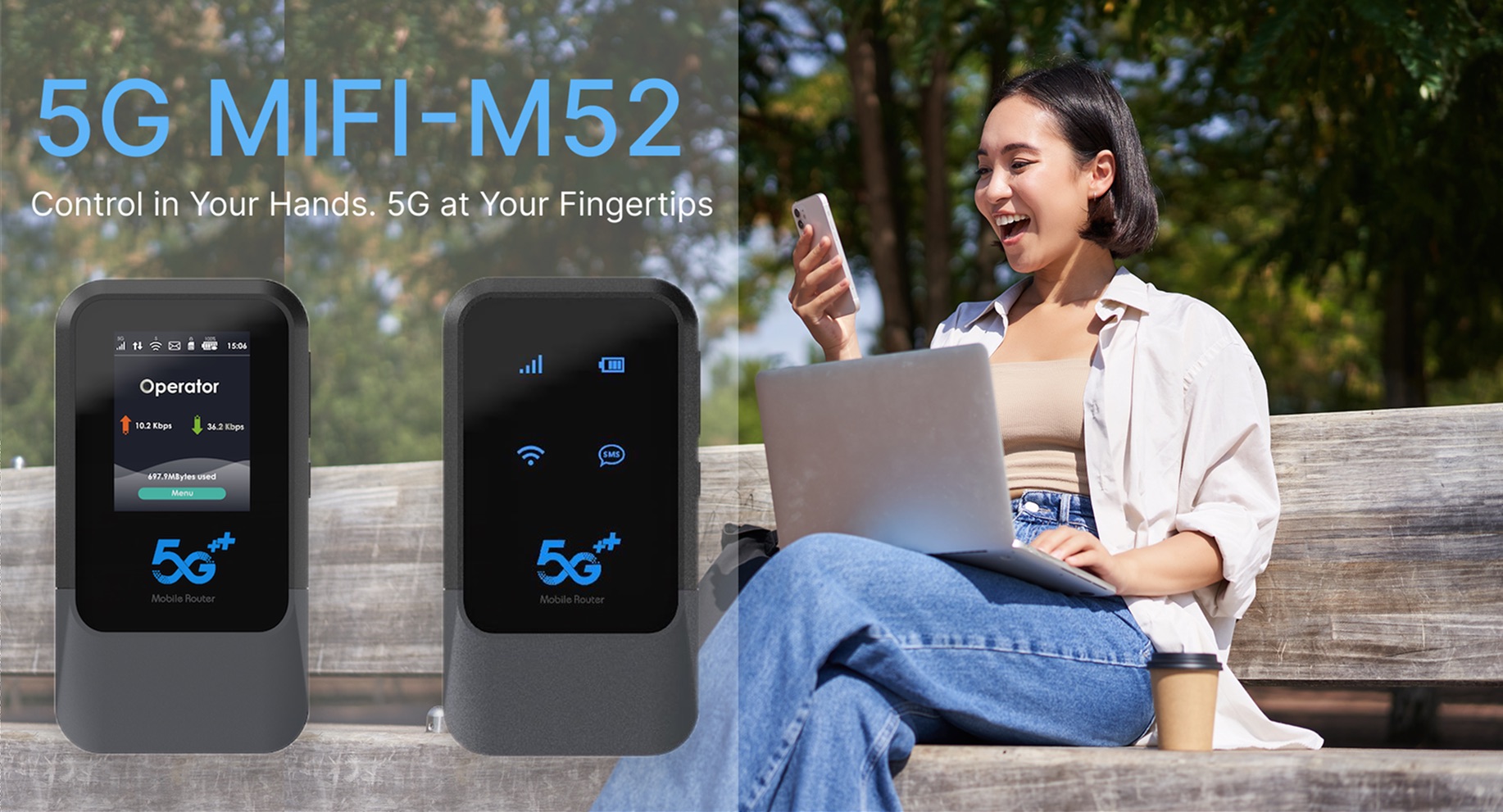 Wewins M52 5G mobile hotspot advertising poster highlighting long battery life and fast connectivity