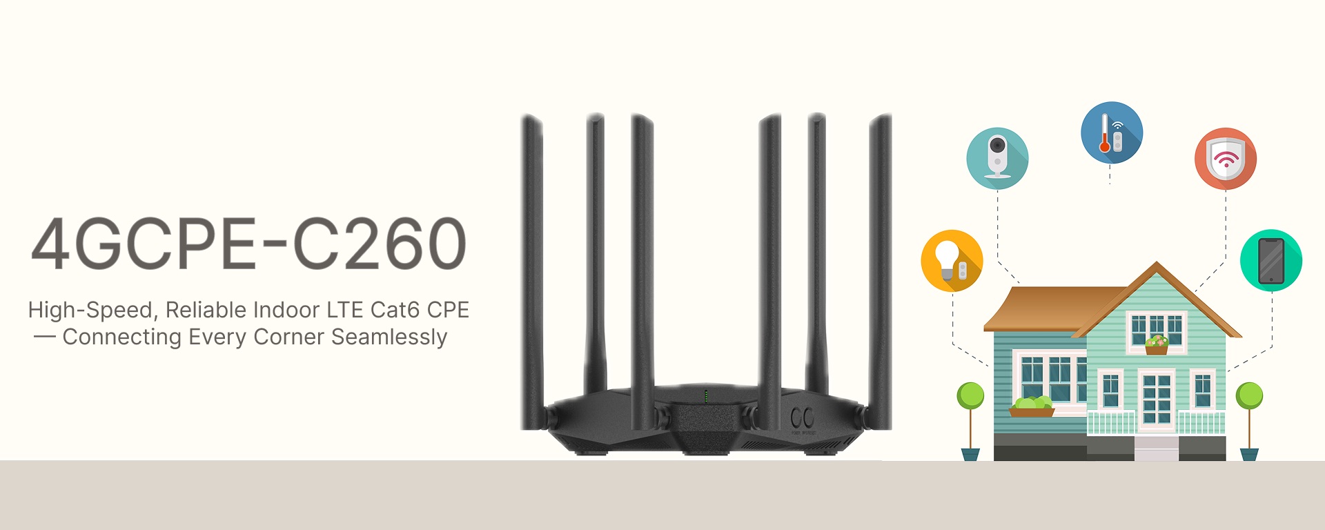 C260 LTE CAT6 CPE promotional banner with product image and high-speed connectivity slogan