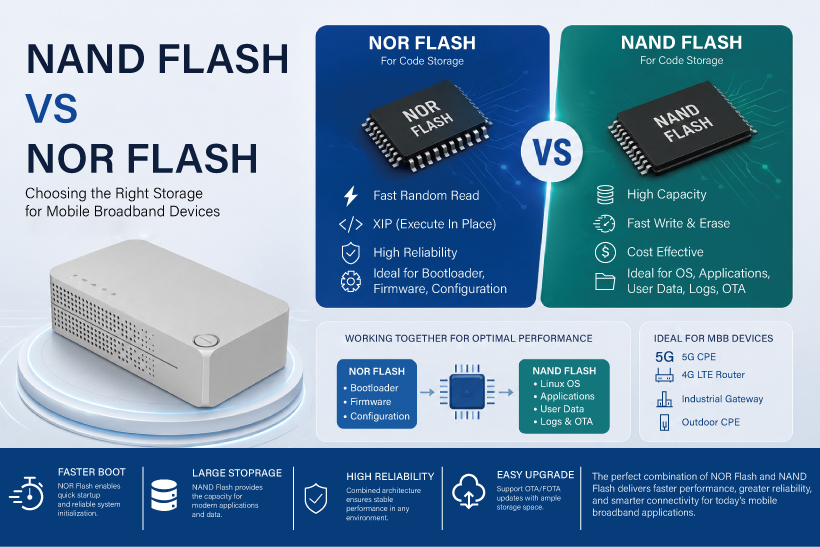 NAND Flash vs NOR Flash comparison for Mobile Broadband devices